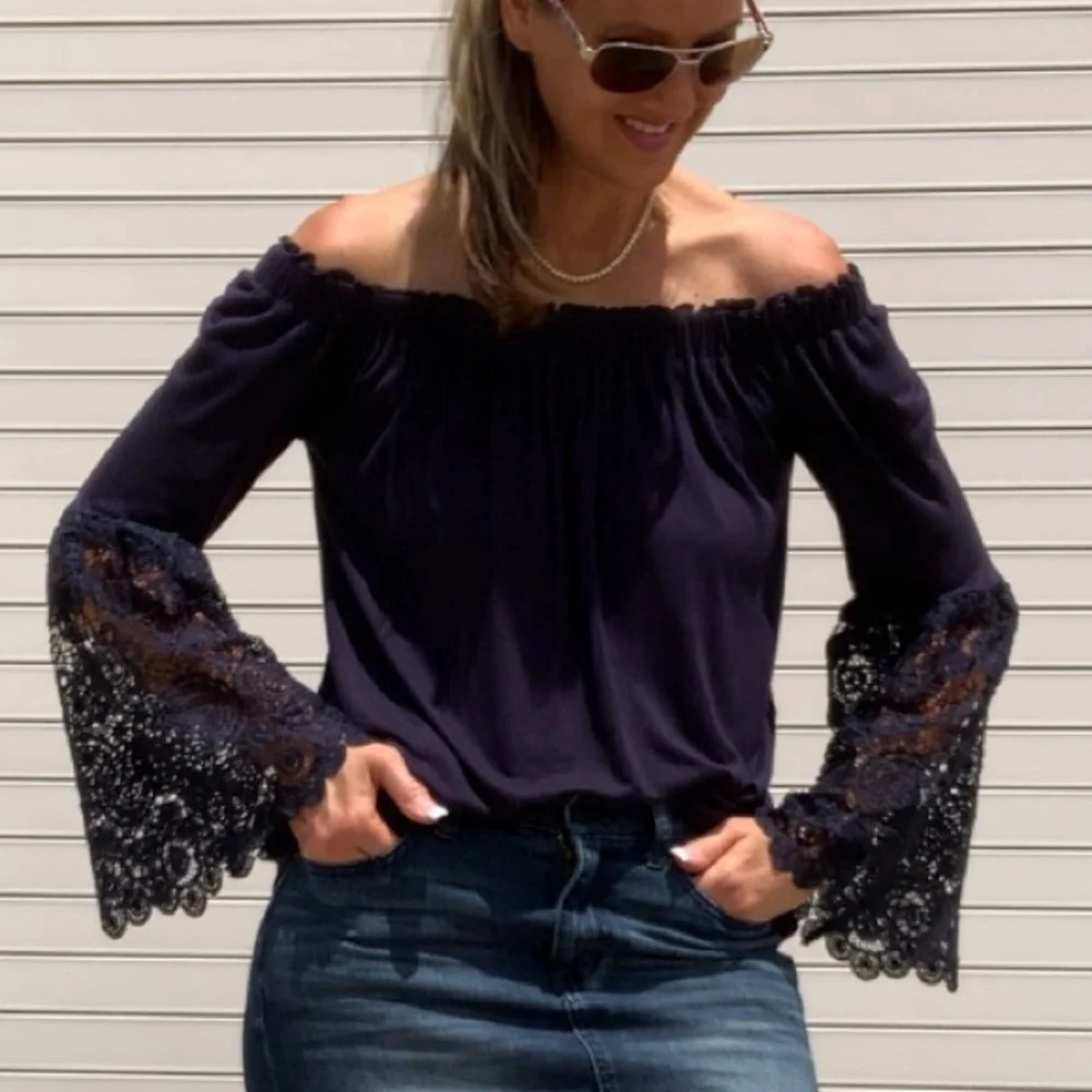 LOFT Navy Off Shoulder Lace Bell Sleeve Knit Top - Picture 1 of 7